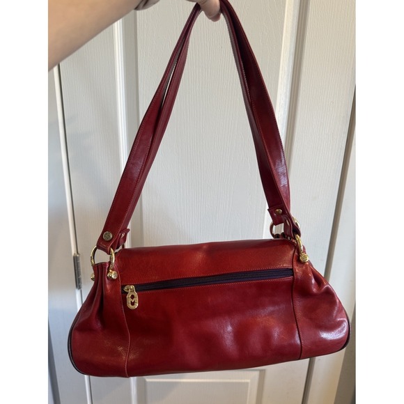 Marino Orlandi Red Embossed Leather Shoulder Bag Floral Tooled Gold Hardware - Picture 3 of 14